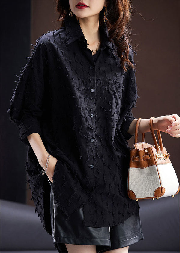 Jacquard Black Tassel Side Open Button Shirt Long Sleeve