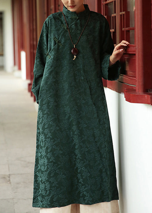 Jacquard Blackish Green Stand Collar Pockets Cotton Long Dresses Fall