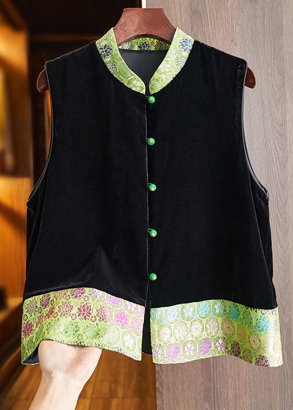 Jacquard Green Stand Collar Button Silk Velour Shirt Waistcoat Sleeveless