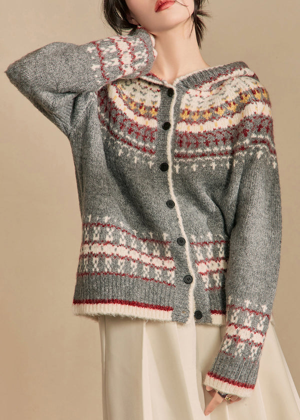 Jacquard Grey Hooded Button Knit Cardigans Winter