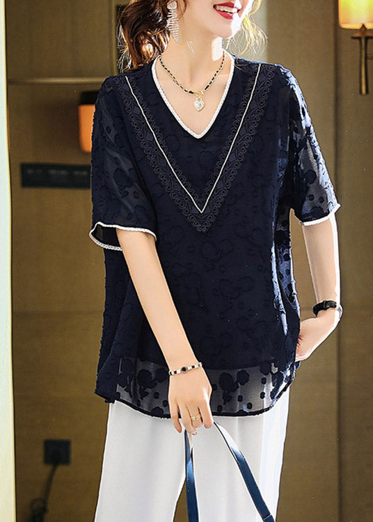 Jacquard Navy V Neck Patchwork Chiffon T Shirt Summer