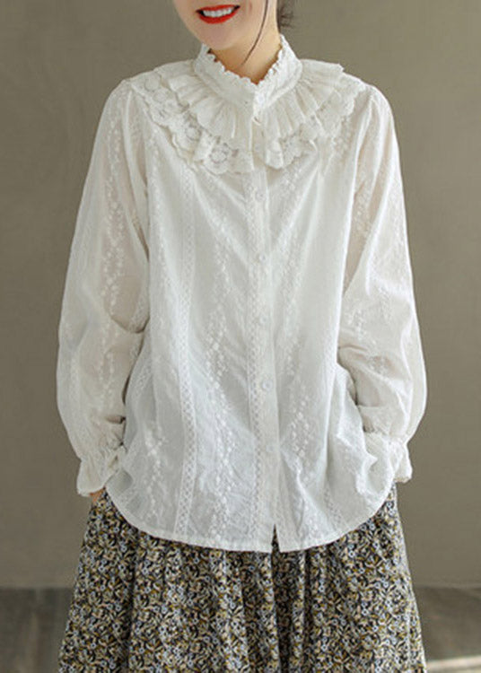 Jacquard White Ruffled Embroidered Lace Patchwork Button Cotton Shirt Long Sleeve