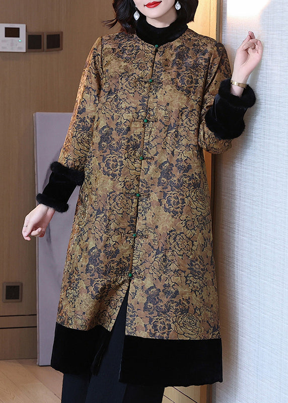 Jacquard Yellow Fur Collar Button Cotton Filled Long Coats Winter