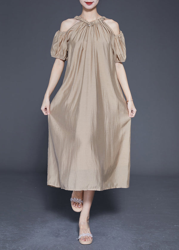 Khaki Cold Shoulder Silk Party Dress Oversized Summer