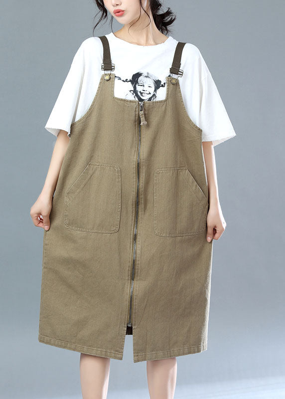 Khaki Cotton Suspender Dresses Zip Up Summer