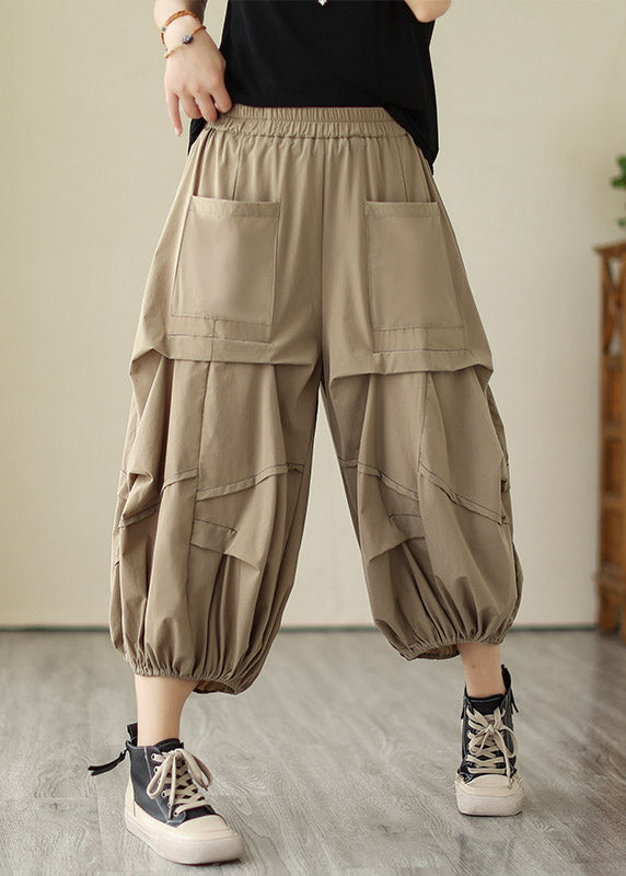 Khaki Elastic Waist Cozy Wide Leg Pants