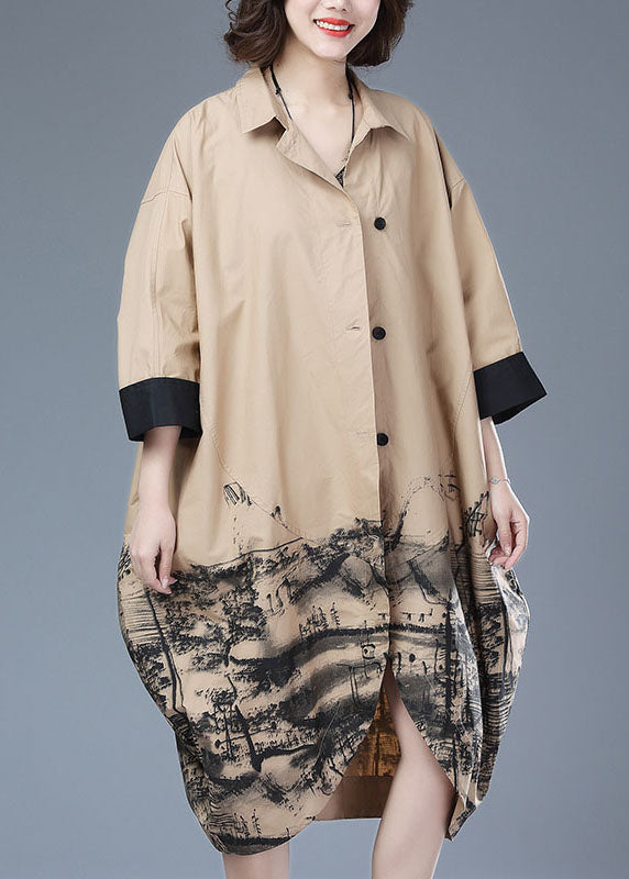 Khaki Patchwork Cotton Long Trench Coat Peter Pan Collar Print Button Bracelet Sleeve