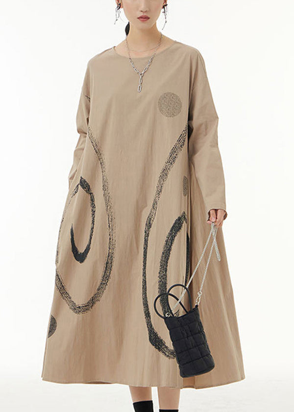 Khaki Print Cotton Long Dress O-Neck Oversized Spring