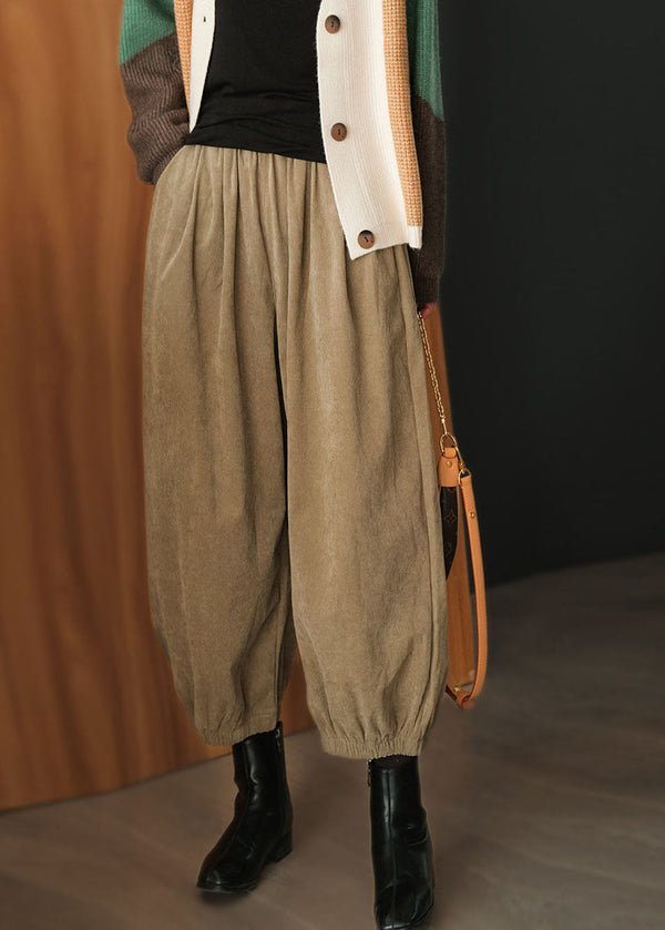 Khaki Solid Corduroy Beam Pants High Waist Oversized Fall