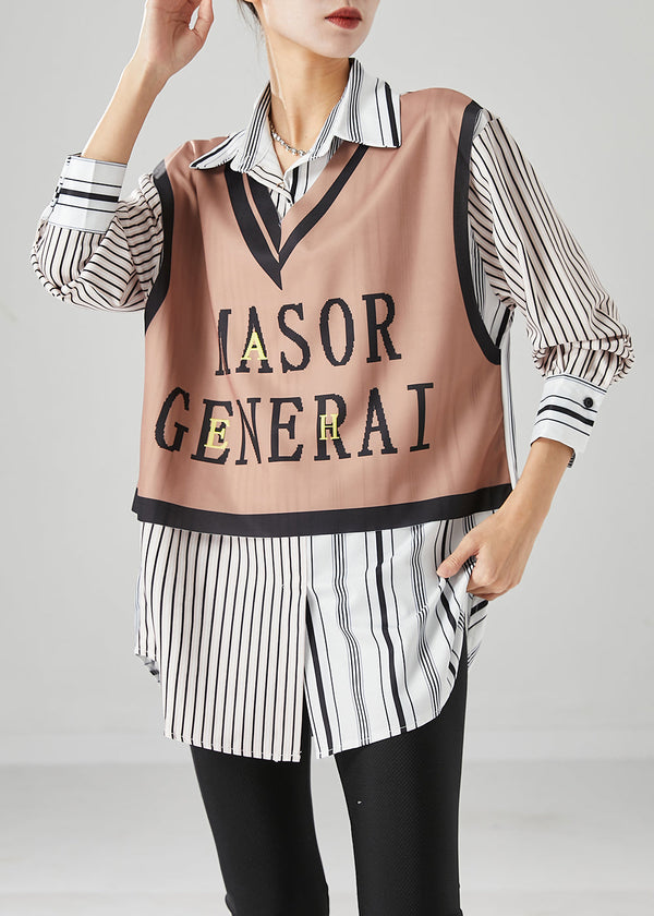 Khaki Striped Patchwork Cotton Shirt Top Letter Print Fall