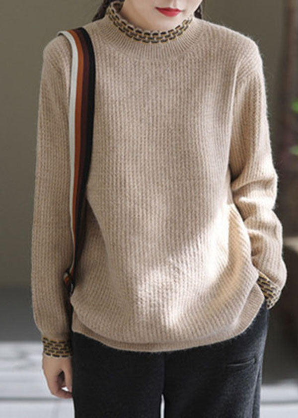 Khaki Warm Knit Pullover Tops High Neck Oversized Winter