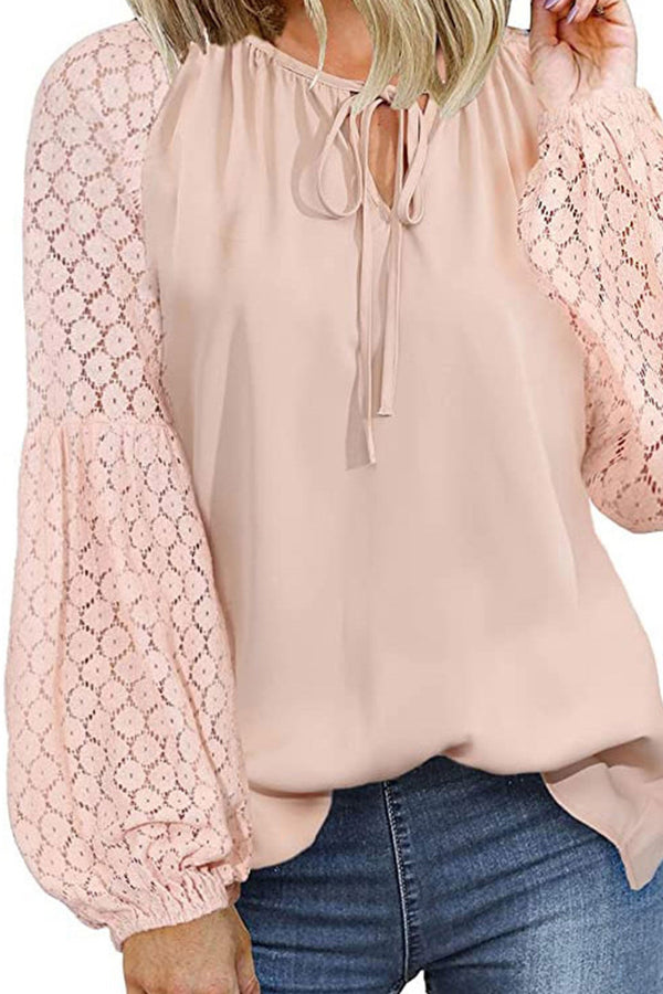 Lace Lantern Sleeve Tie-up Tops