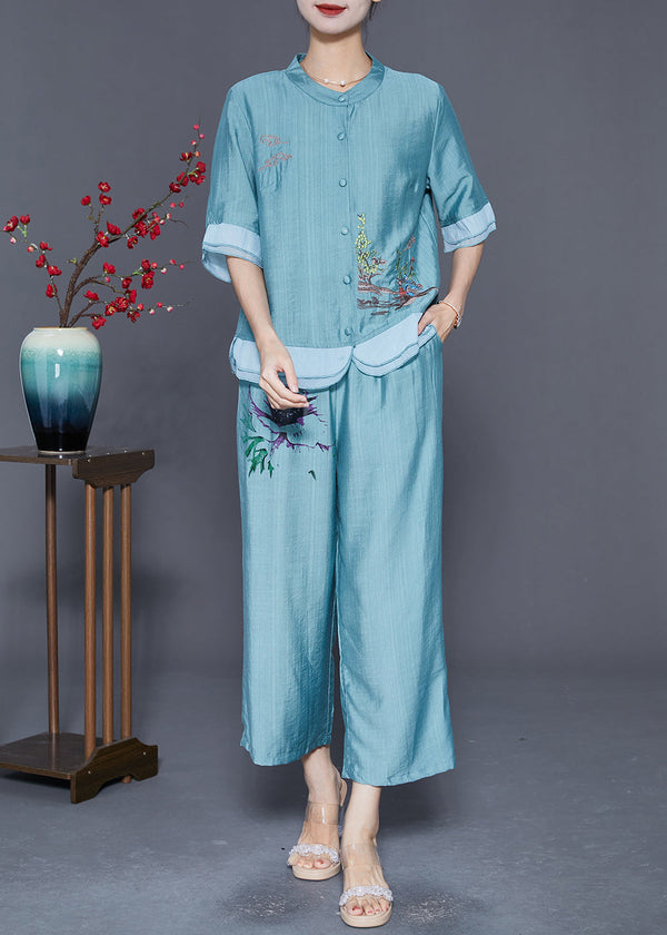 Lake Blue Patchwork Linen Silk Two Piece Set Women Clothing Embroidered Summer