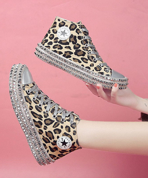 Leopard Print Flat Shoes For Women Rivet Cross Strap Splicing Flat Shoes For Women