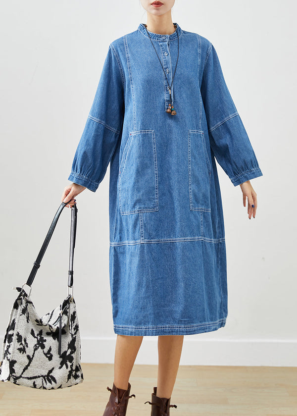 Light Blue Loose Cotton Mid Dress Stand Collar Pockets Fall