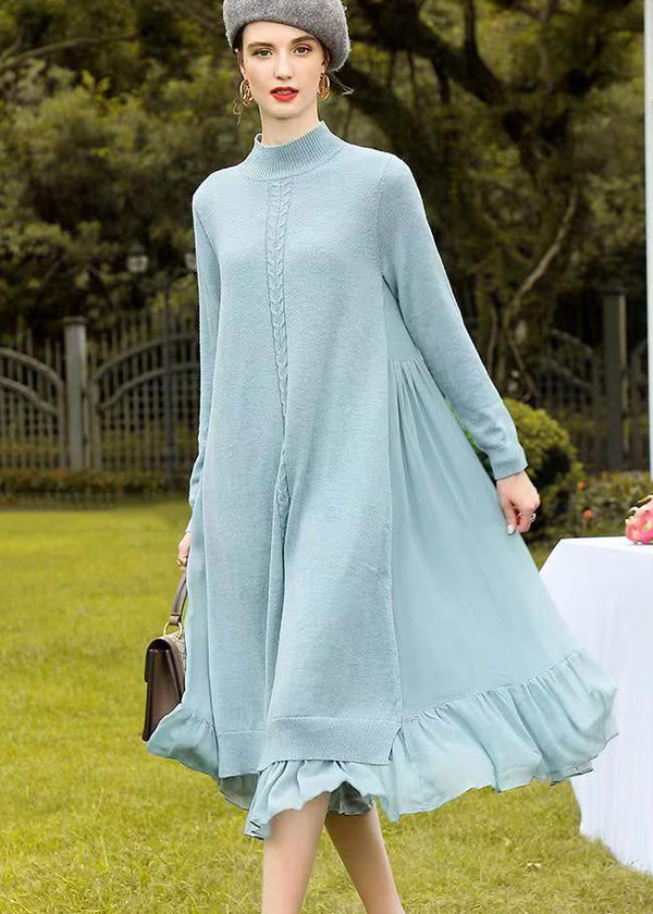 Light Blue Patchwork Woolen Dress Wrinkled Stand Collar Fall