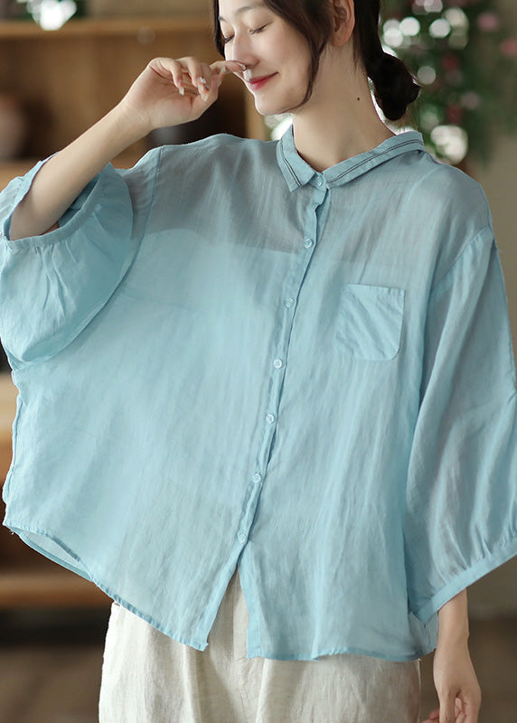 Light Blue Peter Pan Solid Ramie Shirt Spring