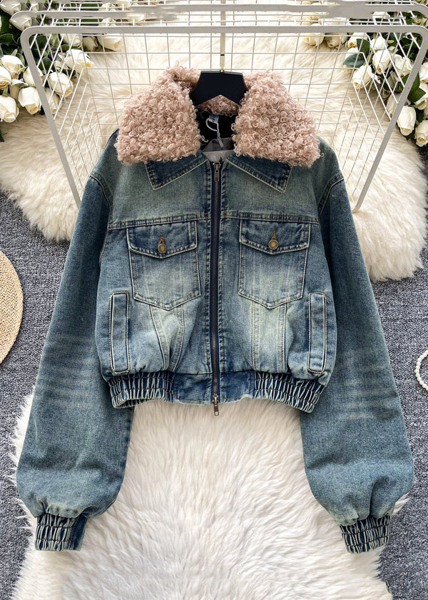 Light Blue Zippered Cotton Filled Denim Coat Fur Collar Winter