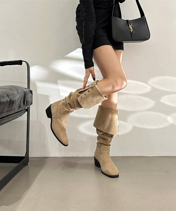 Light Camel Chunky Suede Stylish Splicing Rivet Boots