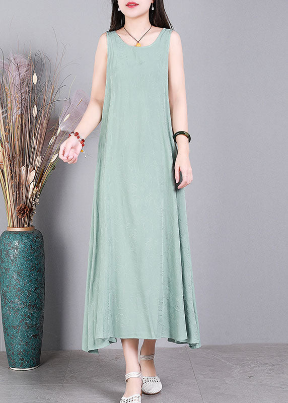 Light Green Jacquard Linen Vacation Strap Dress O-Neck Sleeveless