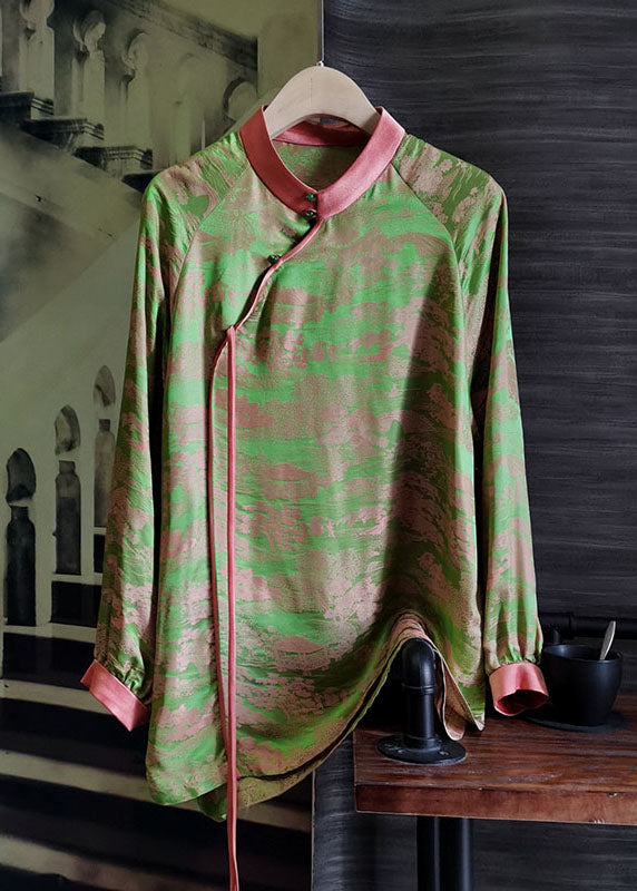 Light Green Jacquard Patchwork Silk Top Stand Collar Summer