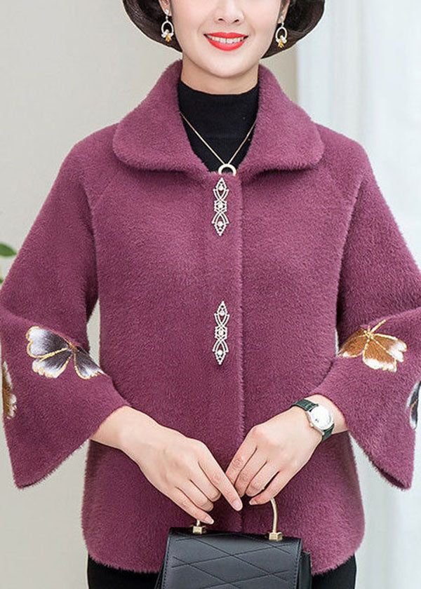 Light Purple Mink Hair Knitted Jackets Square Collar Embroidered Winter