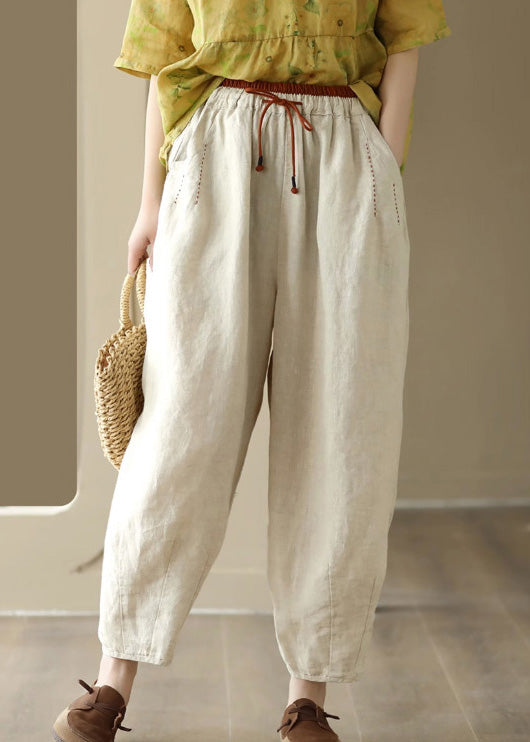 Linen Colour Elastic Waist Solid Linen Pants Summer