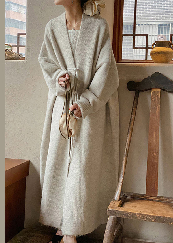 Loose Apricot V Neck Button Patchwork Knit Long Coat Fall