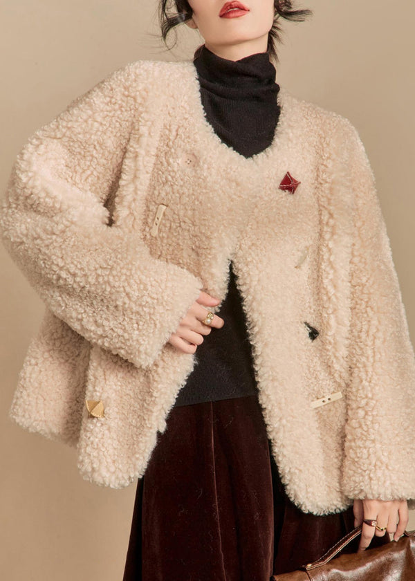 Loose Beige O Neck Button Teddy Faux Fur Coats Winter