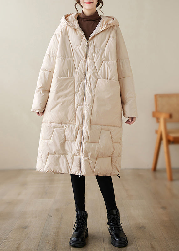 Loose Beige Zippered Hooded Fine Cotton Filled Coats Winter