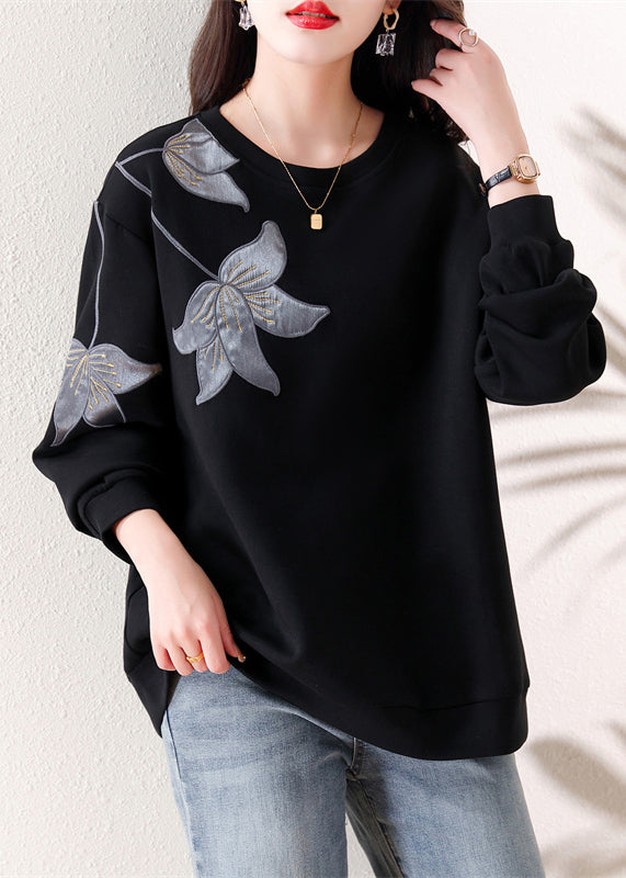 Loose Black O Neck Embroidered Patchwork Cotton Tops Fall