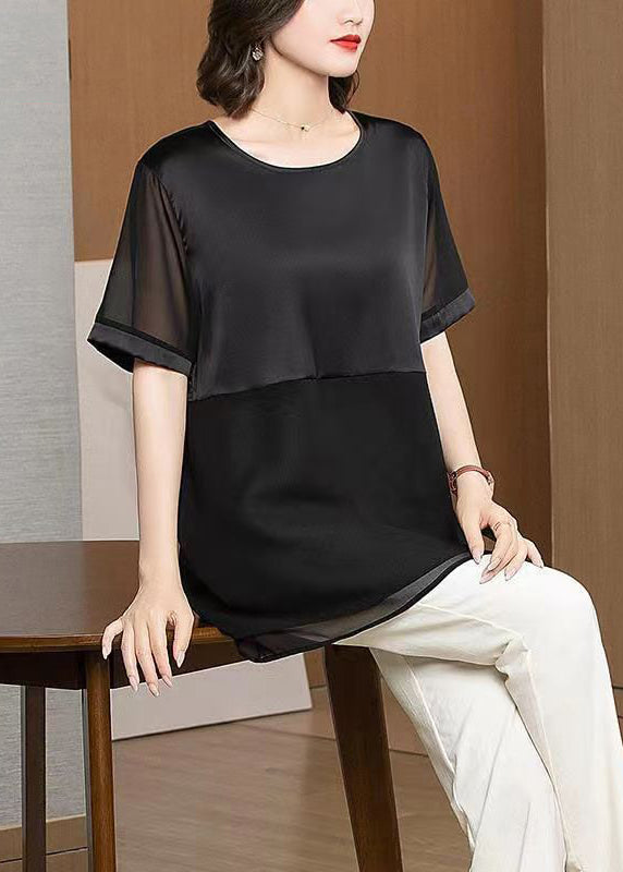 Loose Black O Neck Patchwork Chiffon T Shirt Tops Summer