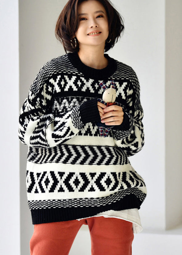 Loose Black O-Neck Print Thick Cotton Knit Sweaters Fall