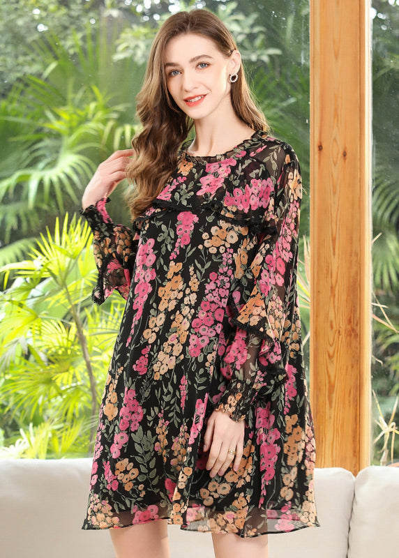 Loose Black O-Neck Ruffled Print Chiffon Maxi Dress Spring