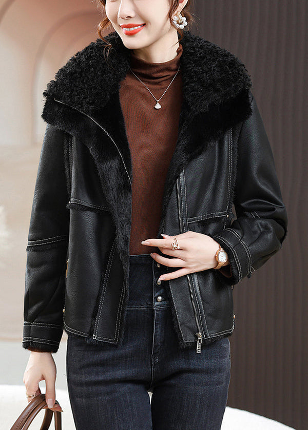 Loose Black Peter Pan Collar Zippered Fuzzy Fur Coats Winter