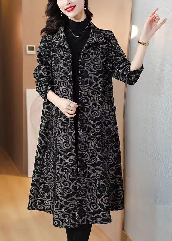 Loose Black Pockets Jacquard Cotton Trench Spring