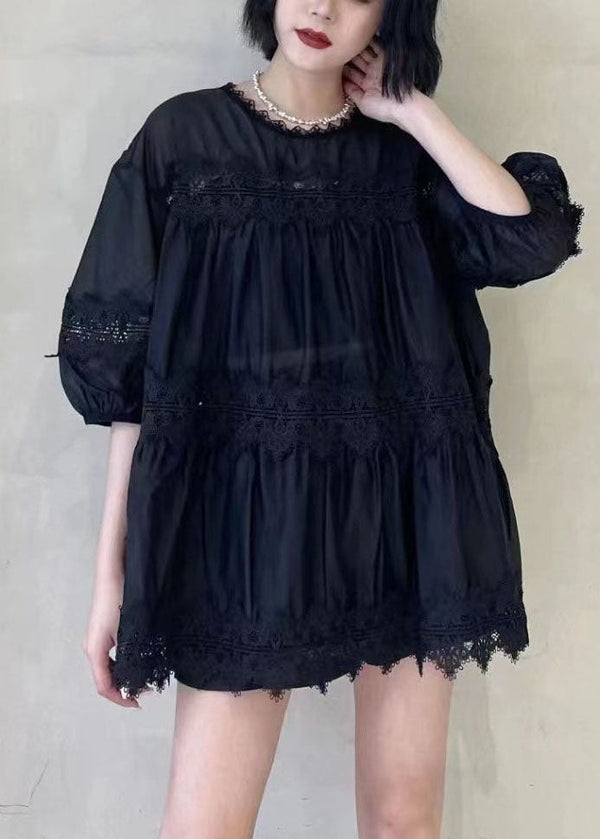 Loose Black Ruffled Lace Patchwork Silk Cotton Top Fall