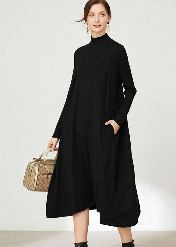 Loose Black Turtle Neck Solid Color Exra Large Hem Knitwear Dress Long Sleeve