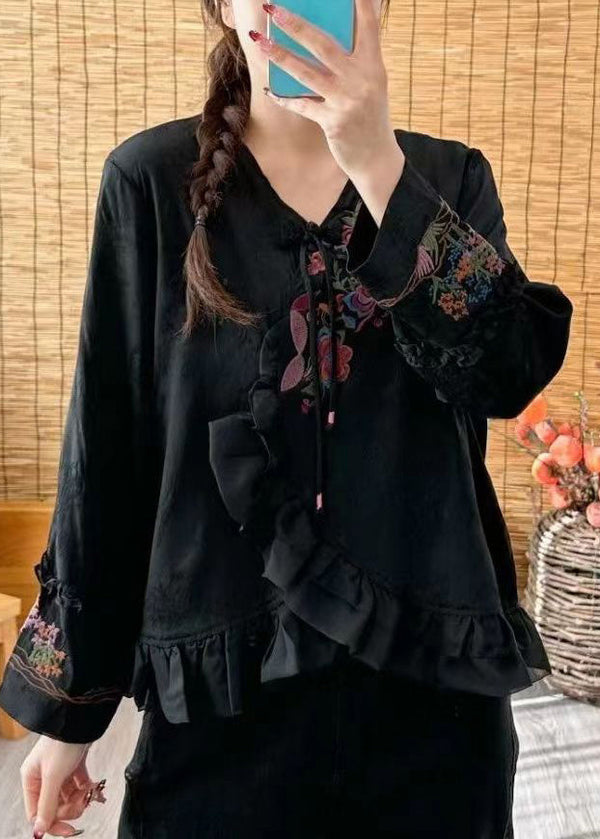 Loose Black V Neck Ruffled Embroidered Floral Button Shirt Long Sleeve