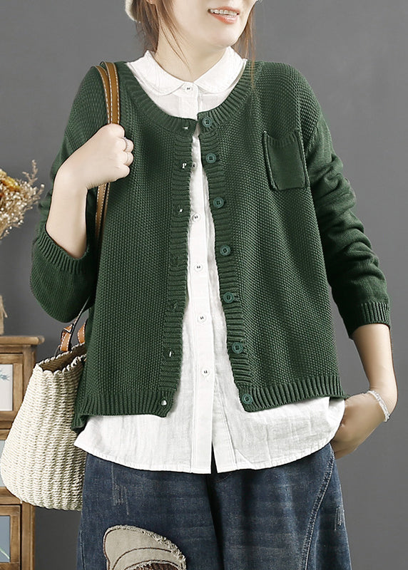 Loose Blackish Green O Neck Button Cotton Knit Coats Fall