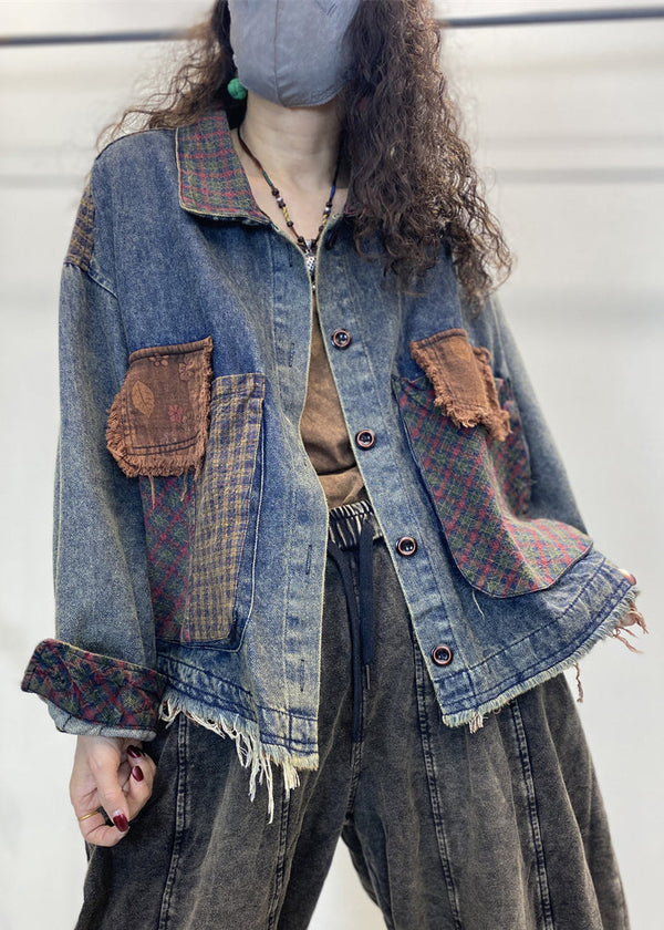 Loose Blue Button Pockets Patchwork Denim Coats Fall