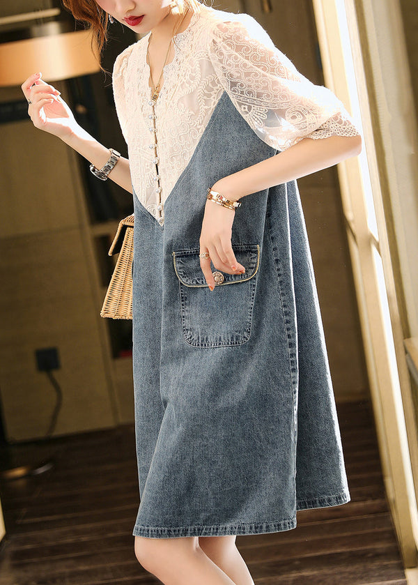 Loose Blue Embroidered Lace Patchwork Dress Half Sleeve