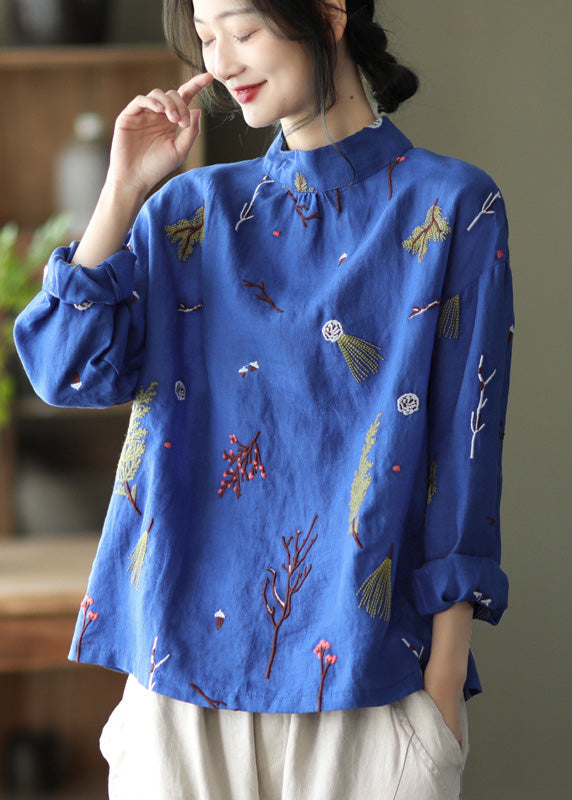 Loose Blue Embroidered Linen Shirt Long Sleeve