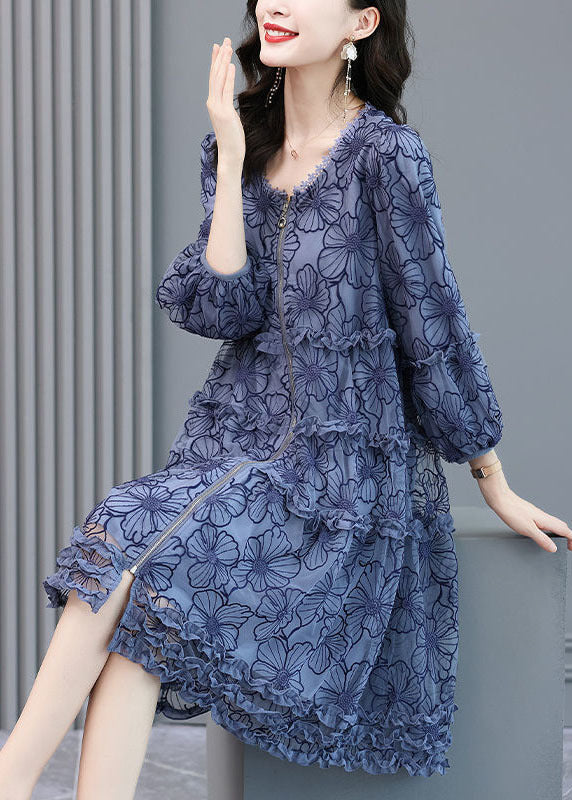 Loose Blue Embroidered Ruffled Zippered Silk Dresses Long Sleeve