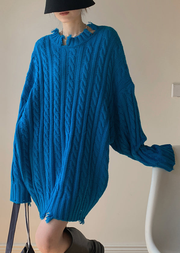 Loose Blue Hole Solid Cable Knit Sweaters Winter