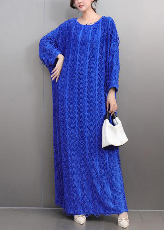 Loose Blue O-Neck Cozy Tassel Long Dress Spring