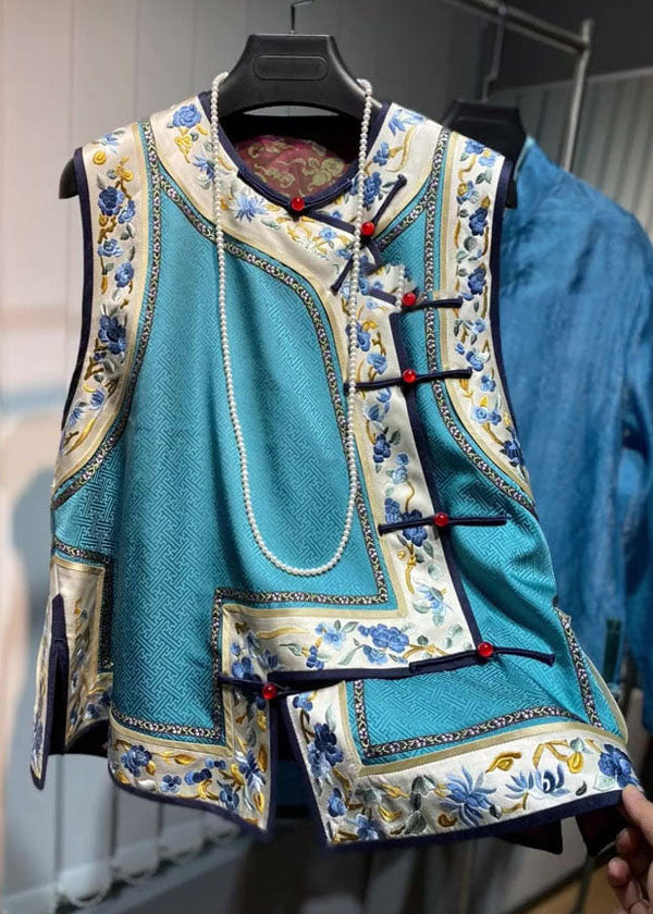 Loose Blue O-Neck Embroidered Floral Patchwork Silk Waistcoat Fall