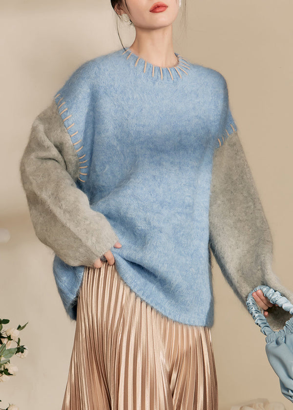 Loose Blue O-Neck Patchwork Thick Cotton Knit Sweaters Winter