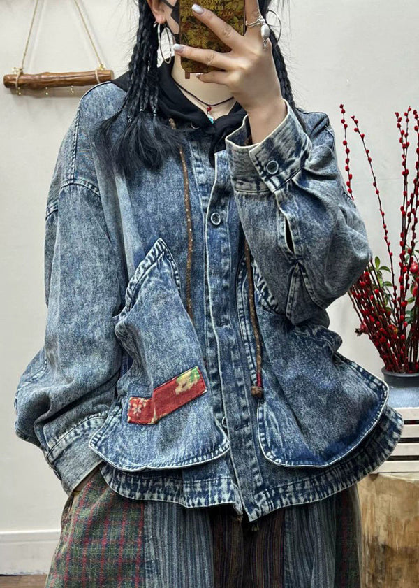 Loose Blue Pockets Patchwork Denim Short Coats Fall