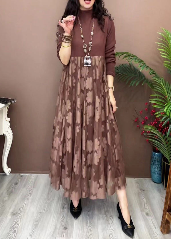 Loose Brown Turtleneck Tulle Patchwork Long Dresses Winter